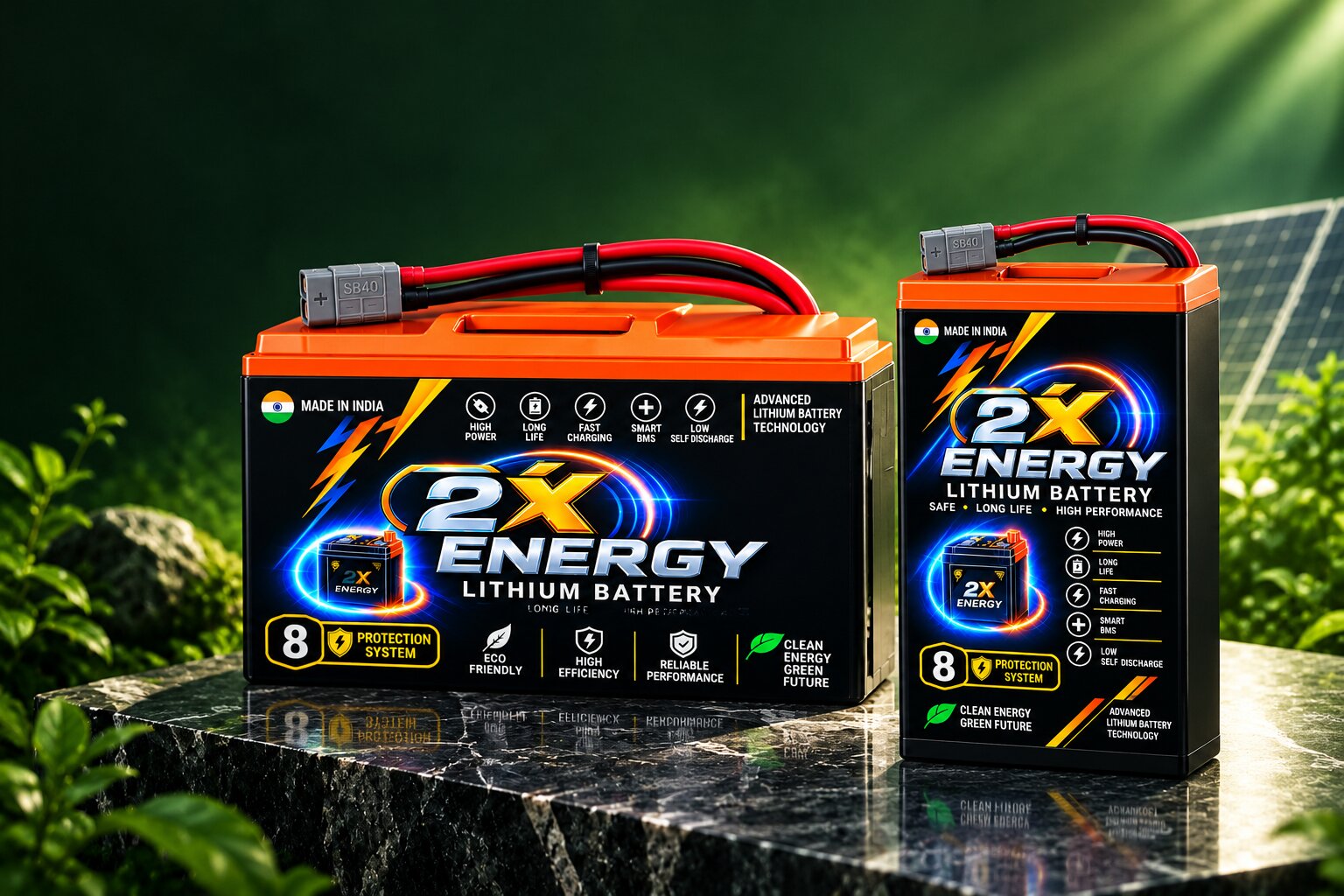 Studio product render of a rugged black battery pack with green accents